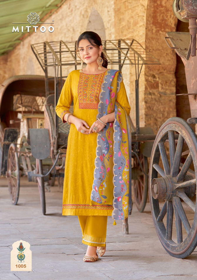 Elegance By Mittoo Rayon Weaving Jacquard Designer Kurti With Bottom Dupatta Wholesale Online